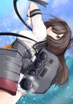  1girl absurdres akizuki_(kancolle) black_hair black_headband black_sailor_collar corset day dutch_angle from_behind grey_eyes headband highres kantai_collection looking_at_viewer looking_back machinery neckerchief ocean orange_neckerchief outdoors pleated_skirt ponytail rigging sailor_collar sailor_shirt school_uniform serafuku shirt skirt solo tastas torpedo_launcher water white_shirt white_skirt 