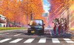  1boy 6+girls =_= animal_ears arm_at_side breasts brown_hair bus car commentary_request crosswalk dated day domino_mask el_condor_pasa_(umamusume) elbow_rest golden_generation_(umamusume) grass_wonder_(umamusume) hair_ornament hairclip heel_up highres horse_ears horse_girl horse_tail jacket king_halo_(umamusume) long_hair long_sleeves looking_at_another mask motor_vehicle multicolored_shoes multiple_girls one_side_up open_mouth outdoors pants pointing pointing_at_self ponytail red_jacket red_pants red_shoes road seiun_sky_(umamusume) shoes short_hair small_breasts smile sneakers special_week_(umamusume) standing sunlight tail takuzui toyota_prius tracen_training_uniform track_suit traffic tree twitter_username two-tone_shoes umamusume waving white_shoes winter_uniform 