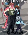 2025 absurd_res anthro anthro_on_anthro armwear artist_name benjamin_mcknight big_butt biped black_bottomwear black_clothing black_legwear black_pants black_shirt black_thigh_highs black_topwear blurred_background bone_frill bottomwear brown_hair butt cavemanon_studios cellphone clothed clothed_anthro clothed_male clothing colored crossdressing damien_payne dannoartista dilophosaurid dinosaur duo elbow_gloves electronics english_text eyes_mostly_closed eyewear femboy fingerless_gloves fingers footwear frill_(anatomy) front_view glasses gloves green_clothing green_eyes green_shirt green_tank_top green_topwear grey_bottomwear grey_clothing grey_skirt hadrosaurid hair hand_on_hip handwear hi_res high_heels holding_cellphone holding_object holding_phone holding_smartphone humanoid_hands hybrid i_wani_hug_that_gator interspecies legwear long_tail looking_at_object looking_at_phone looking_down male male/male markings medium_hair muscular muscular_anthro muscular_male narrowed_eyes ornithischian ornithopod pants parasaurolophus pecs phone pink_body pink_scales prehistoric_species purple_eyes reptile round_glasses scales scalie shaded shadow shirt shoes short_hair skirt smartphone spanish_description spiked_tail spikes spikes_(anatomy) spinosaurid spinosaurus standing striped_markings stripes tail tan_body tan_scales tank_top text theropod thigh_highs topwear