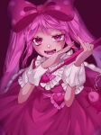  1girl :d aegyo_sal belt blurry bow chain commentary_request dark-skinned_female dark_skin depth_of_field double-parted_bangs dress fingernails frilled_sleeves frills from_above hair_bow hands_up heart_belt highres holding_flail kohaku_chara looking_at_viewer ojou-sama_pose omori open_mouth petticoat pink_background pink_belt pink_bow pink_dress pink_theme pinky_out polka_dot polka_dot_bow puffy_short_sleeves puffy_sleeves raised_inner_eyebrows shirt short_sleeves sidelocks simple_background sleeveless sleeveless_dress smile solo sweetheart_(omori) teeth tongue twintails uneven_eyes upper_body white_shirt white_wrist_cuffs wrist_cuffs 