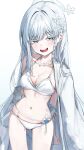  1girl absurdres arms_behind_back bikini blue_archive blush braid breasts cleavage collarbone cowboy_shot flower grey_eyes hair_intakes hair_ornament halo highres jacket jewelry long_hair medium_breasts nagusa_(blue_archive) nagusa_(swimsuit)_(blue_archive) navel necklace open_mouth rosu_1109 simple_background single_braid snowflake_hair_ornament stomach swimsuit teeth thick_eyebrows white_background white_bikini white_hair white_jacket 