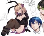  1girl 2boys 2others :3 alternate_costume animal_ears ankle_bow aqua_eyes black_hair black_hairband black_leotard black_shoes black_shrug blue_gemstone blue_hair blush bow bowtie breasts brown_hair closed_mouth covered_navel earrings gem glasses gradient_hair green_eyes green_hair grin hair_between_eyes hair_bow hair_ornament hair_over_one_eye hairband hairclip hanabatake_chaika hatyuuruinohito high_heels highres jewelry knees_up leos_vincent leotard looking_to_the_side medium_hair multicolored_hair multiple_boys multiple_others nijisanji pink_bow pink_bowtie pointy_ears purple_bow purple_bowtie rabbit_ears rabbit_tail shoes shrug_(clothing) simple_background sitting sketch_inset smile solo_focus striped_bow striped_bowtie striped_clothes stud_earrings suzuhara_lulu swept_bangs tail thighs two-tone_bow two-tone_bowtie two-tone_hair virtual_youtuber white_background yellow_eyes 