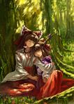  bow brown_hair cosplay dappled_sunlight detached_sleeves flower forest gourd hair_bow hair_ribbon hakurei_reimu hakurei_reimu_(cosplay) hand_on_head horn_ribbon horns ibuki_suika japanese_clothes luko miko motherly multiple_girls nature object_hug open_mouth peaceful ribbon shirt sitting skirt sleeping sunlight touhou tree tree_shade 