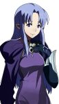  1girl black_choker blue_eyes blue_hair breasts choker dress fate/stay_night fate_(series) gloves hand_on_own_chest highres jewelry long_hair long_sleeves looking_at_viewer medea_(caster)_(fate) medea_(fate) pointy_ears smile solo transparent_background universal-kun 