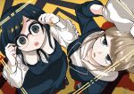  2girls :o absurdres blue_jumpsuit blue_skirt breasts collared_shirt commentary_request frilled_shirt frills from_above fukurai_azami glasses hands_on_eyewear hands_up highres jasmine_(toshi_densetsu_kaitai_center) jumpsuit limited_palette long_sleeves looking_at_viewer looking_up medium_breasts multiple_girls open_mouth semi-rimless_eyewear shirt short_hair skirt standing toshi_densetsu_kaitai_center white_shirt yamada_fgm 