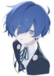  1boy black_jacket blue_hair blue_ribbon collared_shirt cropped_torso double-parted_bangs gekkoukan_high_school_uniform grey_eyes hair_behind_ear hair_between_eyes headphones headphones_around_neck highres jacket looking_at_viewer male_focus neck_ribbon nodoka906 open_clothes open_jacket parted_lips persona persona_3 ribbon school_uniform shirt short_hair simple_background solo suit_jacket white_background white_shirt wing_collar yuuki_makoto_(persona_3) 