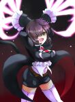  1girl absurdres arms_up belt black_coat brown_belt coat eyepatch highres kure_kirika long_coat magical_girl mahou_shoujo_madoka_magica mahou_shoujo_oriko_magica medium_hair red_background shorts solo thighhighs ura47869454 white_thighhighs 