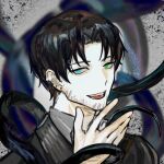  1boy :d black_hair black_suit blue_eyes curtained_hair earrings facial_hair goatee_stubble green_eyes hand_up heterochromia jewelry male_focus multiple_earrings open_mouth original portrait shirt short_hair smile solo stubble stud_earrings suit tentacles white_shirt wuruko 