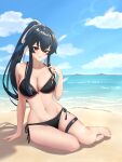  1girl absurdres alternate_costume beach bikini black_bikini black_hair blush breasts cleavage day hair_between_eyes hair_ribbon highres horizon kantai_collection klashikari large_breasts long_hair looking_at_viewer navel ocean outdoors ponytail red_eyes ribbon sand side-tie_bikini_bottom sidelocks sky smile solo string_bikini swimsuit thigh_strap twitter_username very_long_hair white_ribbon yahagi_(kancolle) yahagi_kai_ni_(kancolle) 