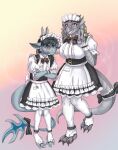 alien anthro barefoot black_hair blue_eyes clothed clothing crossdressing darra dragon dragonborn_(dnd) dungeons_and_dragons duo embarrassed feet female grey_body grey_scales hair hasbro hi_res highlights_(coloring) jaro larger_female long_tail maid_headdress maid_uniform male male/female mythological_creature mythological_scalie mythology prometheuzone purple_eyes scales scalie size_difference smaller_male tail uniform white_highlights wizards_of_the_coast