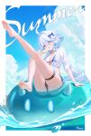  1girl ass bead_bracelet beads bikini blue_bikini blue_eyes blue_hair bracelet breasts cleavage cloud day drop-shaped_pupils english_text feet food full_body furina_(genshin_impact) genshin_impact hair_between_eyes heterochromia highres himari_(himari_ttc) holding holding_food holding_popsicle jewelry leg_lift leg_up long_hair looking_at_viewer medium_breasts mismatched_pupils multicolored_hair ocean outside_border panties popsicle see-through_clothes see-through_shirt shirt side-tie_bikini_bottom sitting sky slime_(genshin_impact) soles solo streaked_hair string_bikini swimsuit symbol-shaped_pupils thighs tongue tongue_out underwear wet white_hair white_shirt 