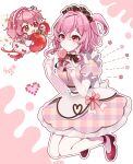  1girl artist_name bonnet checkered_clothes checkered_dress chibi chibi_inset dress food fruit full_body hair_between_eyes hair_vines heart high_heels highres holding holding_food light_blush medium_hair nijisanji nijisanji_en outline pantyhose pink_dress pink_hair puracotte red_eyes rosemi_lovelock side_ponytail signature strawberry thorns virtual_youtuber white_outline white_pantyhose 