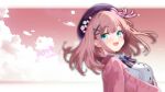  1girl :3 absurdres aqua_eyes badge beret blue_gemstone blush bow bowtie breasts brown_hair button_badge cardigan center_frills cloud cloudy_sky collared_shirt dated frilled_shirt frills gem hair_ornament hairclip hat hat_bow highres large_breasts long_sleeves medium_hair nijisanji open_mouth pink_bow pink_bowtie pink_cardigan pink_sky purple_bow purple_bowtie purple_hat sayulist shirt sky smile solo striped_bow striped_bowtie striped_clothes suzuhara_lulu suzuhara_lulu_(1st_costume) virtual_youtuber white_shirt 