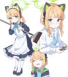  1girl absurdres animal_ear_headphones animal_ears apron aqua_bow aqua_bowtie aqua_necktie black_boots black_dress blonde_hair blue_archive blush boots bow bowtie broom cat_ear_headphones cat_ears cat_tail closed_eyes closed_mouth collarbone collared_dress collared_shirt commentary contrast_collar controller cropped_torso dot_nose dress dress_shirt fake_animal_ears fake_tail frilled_apron frilled_dress frills full_body game_controller green_eyes green_halo green_jacket halo headphones highres holding holding_broom holding_controller holding_game_controller hood hooded_jacket isuka_(isuka_83) jacket long_sleeves looking_at_viewer looking_to_the_side maid maid_apron maid_headdress midori_(blue_archive) midori_(maid)_(blue_archive) multicolored_jacket multiple_views necktie official_alternate_costume open_clothes open_jacket open_mouth pantyhose parted_bangs parted_lips puffy_long_sleeves puffy_sleeves school_uniform shirt short_hair short_necktie sidelocks simple_background smile standing tail twintails upper_body white_apron white_background white_headdress white_jacket white_mouth white_pantyhose white_shirt 