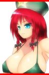 beret bikini_top blue_eyes braid breasts cleavage hat hong_meiling large_breasts long_hair onibi_(foxhound4185) red_hair solo touhou twin_braids upper_body 