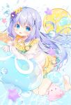  1girl bikini blue_eyes blue_hair blush breasts bubble flower fukaya_rin gochuumon_wa_usagi_desu_ka? hair_between_eyes hair_flower hair_ornament highres jacket kafuu_chino long_hair looking_at_viewer one-piece_swimsuit open_clothes open_jacket open_mouth see-through_clothes see-through_jacket smile stomach swimsuit very_long_hair water white_jacket x_hair_ornament yellow_bikini 