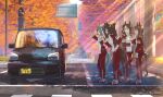  1boy 6+girls =_= animal_ears arm_at_side breasts brown_hair bus car commentary_request crosswalk dated day domino_mask el_condor_pasa_(umamusume) elbow_rest golden_generation_(umamusume) grass_wonder_(umamusume) hair_ornament hairclip heel_up highres horse_ears horse_girl horse_tail jacket king_halo_(umamusume) long_hair long_sleeves looking_at_another mask motor_vehicle multicolored_shoes multiple_girls one_side_up open_mouth outdoors pants pointing pointing_at_self ponytail red_jacket red_pants red_shoes road seiun_sky_(umamusume) shoes short_hair small_breasts smile sneakers special_week_(umamusume) standing sunlight tail takuzui toyota_prius tracen_training_uniform track_suit traffic tree twitter_username two-tone_shoes umamusume waving white_shoes winter_uniform 