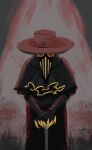  1other black_gloves black_robe brown_hat cane commentary covered_face elbow_gloves fake_claws gloves hat highres holding holding_cane kinozie kyokugen_dasshutsu plague_doctor_mask robe solo wide_brim zero_escape:_toki_no_dilemma zero_ii_(kyokugen_dasshutsu) 