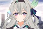  1girl absurdres blue_pupils blue_ribbon blush brown_hairband brown_jacket cityscape closed_mouth collared_shirt dated firefly_(honkai:_star_rail) gradient_eyes grey_hair hair_between_eyes hair_intakes hair_ornament hair_ribbon hairband highres honkai:_star_rail honkai_(series) jacket lilipon looking_at_viewer multicolored_eyes ribbon shirt smile solo twitter_username two-tone_eyes white_shirt 