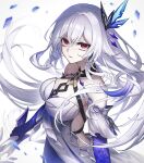  1girl absurdres armpit_peek backless_dress backless_outfit blue_dress blue_gloves breast_strap breasts chest_strap cleavage closed_mouth collarbone dress elbow_gloves feather_hair_ornament feathers genshin_impact gloves hair_ornament highres holding holding_sword holding_weapon large_breasts long_hair looking_at_viewer multicolored_dress oomisou red_eyes skirk_(genshin_impact) solo standing sword very_long_hair weapon white_background white_dress white_hair 