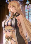  2girls absurdres aduo bare_shoulders black_collar black_dress blonde_hair blue_eyes blush breast_rest breasts breasts_on_head cartethyia_(wuthering_waves) closed_mouth collar commentary crown_of_thorns dress dual_persona earrings fleurdelys_(wuthering_waves) highres horns huge_breasts indoors jewelry long_hair long_horns multiple_girls necklace parted_bangs pointy_ears pout sidelocks single_horn tabard tacet_mark_(wuthering_waves) tall_female very_long_hair white_tabard wuthering_waves yellow_horns 
