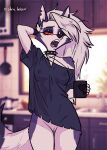 2025 absurd_res animal_ears anthro areola beverage biped black_clothing black_collar black_eyebrows black_eyeshadow black_shirt black_topwear blurred_background bottomless bottomless_anthro bottomless_female breasts canid canid_demon canine casual_exposure clothed clothed_anthro clothed_female clothing collar container covered_nipples cup demon digital_media_(artwork) ear_piercing eyebrow_through_hair eyebrows eyelashes eyeshadow fangs female female_anthro fingers front_view fur genitals hair hand_behind_head heart_symbol hellhound helluva_boss hi_res holding_beverage holding_container holding_cup holding_object innie_vulva iris long_hair looking_at_viewer loona_(helluva_boss) makeup mammal multicolored_body multicolored_fur mythological_canine mythological_creature mythology nipple_outline nipples no_bra notched_ear off_shoulder one_eye_closed open_mouth piercing pink_tongue portrait pupils purple_body purple_fur red_sclera sharp_teeth shen_hokori shirt small_breasts solo spiked_collar spikes standing tail teeth three-quarter_portrait tongue topwear torn_clothing torn_shirt torn_topwear translucent translucent_clothing translucent_hair translucent_shirt translucent_topwear vulva white_body white_eyes white_fur white_hair white_inner_ear wolf_tail yawn