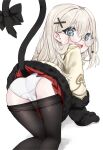  1girl absurdres all_fours animal_hands ass black_pantyhose blue_eyes cat_tail clothes_pull commentary commission glasses gloves hair_ornament hanakonenne highres looking_back open_mouth original panties pantyhose pantyhose_pull paw_gloves red_skirt skirt solo tail underwear white_background white_panties 