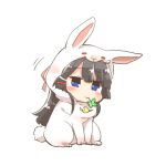  1girl :t animal_costume animal_ears black_hair blue_eyes blush chibi closed_mouth clover crescent fake_animal_ears fake_tail four-leaf_clover full_body hair_ornament hairclip looking_at_viewer lowres mouth_hold nijisanji rabbit_costume rabbit_ears rabbit_tail rebecca_(keinelove) simple_background solo stalk_in_mouth tail tsukino_mito virtual_youtuber white_background 