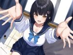  1girl :d absurdres black_hair blue_sailor_collar blue_skirt blunt_bangs blush breasts brown_eyes cleavage collarbone commentary_request hair_ornament hairclip highres kurousagi_yuu large_breasts long_sleeves looking_at_viewer lower_teeth_only mimikaki non-web_source original outstretched_arms pleated_skirt sailor_collar school_uniform shirt short_hair sitting skirt smile solo teeth white_shirt window 