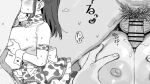  1girl animal_print bar_censor barbarian_tk breasts censored cow_print greyscale hetero large_breasts male_pubic_hair monochrome nipples original paizuri penis pubic_hair 