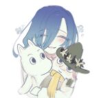  1girl :d ahoge blue_hair blush character_doll chi_kan100 doll eyes_visible_through_hair facing_viewer flower flower_symbol furrowed_brow green_hat hair_between_eyes hair_over_one_eye happy hat hat_flower holding holding_doll kimi_no_koto_ga_dai_dai_dai_dai_daisuki_na_100-nin_no_kanojo long_hair_between_eyes long_sleeves moomin nakaji_uto no_mouth open_mouth raised_eyebrows scarf short_hair simple_background single_hair_intake smile snufkin solid_circle_pupils solo upper_body white_background wizard_hat yellow_scarf 