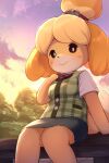  1girl animal_crossing animal_ears bell blonde_hair blush_stickers breasts closed_mouth commentary dog_ears dog_girl dog_tail furry furry_female green_vest highres isabelle_(animal_crossing) miniskirt outdoors pencil_skirt plaid_clothes plaid_vest rumine_(yoshi1234567) shirt sitting skirt small_breasts smile solo tail topknot vest white_shirt 