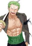  1boy abs absurdres bare_pectorals black_pants closed_eyes collarbone cowboy_shot earrings grey_hair grey_shirt haramaki highres holding holding_sword holding_weapon jewelry katana male_focus muscular muscular_male nine_hundred one_piece open_clothes open_mouth open_shirt pants pectorals print_shirt roronoa_zoro scar scar_on_chest shirt short_hair simple_background solo sword teeth tongue upper_teeth_only very_short_hair weapon white_background 
