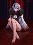  1girl absurdres arlecchino_(genshin_impact) artist_name bare_legs barefoot black_eyes black_nails breasts brooch cleavage cleavage_cutout cloak closed_mouth clothing_cutout coat cross-shaped_pupils crossed_legs feet fur_trim genshin_impact grey_hair highres jewelry light_smile looking_at_viewer medium_breasts nail_polish on_floor red_background short_hair sitting smile solo symbol-shaped_pupils taylorcat toenail_polish toenails toes white_cloak 