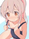  1girl bare_arms bare_legs bare_shoulders black_one-piece_swimsuit blush breasts brown_eyes clothes_pull collarbone commentary_request hair_between_eyes highres long_hair looking_at_viewer one-piece_swimsuit one-piece_swimsuit_pull onii-chan_wa_oshimai! oyama_mahiro pink_hair school_swimsuit simple_background small_breasts solo swimsuit unkimo 
