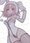  1girl :o animal_hat arm_warmers blush breasts cleavage commentary_request danganronpa_(series) danganronpa_2:_goodbye_despair donburi_(minami_don) eyelashes fishnet_thighhighs fishnets hat highres leotard nanami_chiaki neck_ribbon official_alternate_costume open_mouth pink_eyes pink_hair pink_ribbon playboy_bunny pom_pom_(clothes) rabbit_hat ribbon shiny_skin solo thighhighs thighs white_leotard 