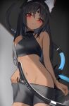  1girl absurdres animal_ear_fluff animal_ears bike_shorts bike_shorts_pull black_hair blush breasts cable cable_tail cat_ears cat_girl cat_tail commentary cowboy_shot crop_top dark_skin facial_mark forehead_tattoo highres long_hair looking_at_viewer mechanical_tail medium_breasts midriff multiple_tails navel nekomiya_mana parted_lips red_eyes solo stomach tail thomas_8000 triangle triangle_facial_mark two_tails zenless_zone_zero 