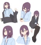  1girl black_jacket black_pantyhose black_shoes black_skirt blue_shirt c-eye coffee_mug cup hair_between_eyes high_heels highres holding holding_cup id_card jacket long_sleeves looking_at_viewer medium_hair mole mole_under_eye mug multiple_views office_lady original pantyhose pumps purple_hair shirt shoes simple_background skirt skirt_suit suit white_background white_shirt yellow_eyes 