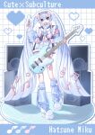  1girl animal_ears apron blue_hair blue_jacket c_ell45 commentary cute_x_subculture_hatsune_miku_design_contest digital_media_player fake_animal_ears fashion faux_figurine flat_chest gradient_hair guitar hairband hatsune_miku highres holding holding_guitar holding_instrument holding_syringe instrument ipod jacket jersey_maid leg_warmers lolita_hairband long_hair maid multicolored_hair musical_note shoes solo speaker symbol-only_commentary syringe tenshi_kaiwai treble_clef twintails unconventional_maid very_long_hair vocaloid white_apron white_hair 