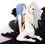  bare_shoulders blue_hair bow chemise hair_bow half_updo len lingerie long_hair melty_blood multiple_girls pointy_ears red_eyes ribbon see-through silver_hair strap_slip thighhighs tsukihime underwear wanyuwa white_len 