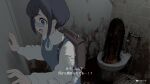  1girl backpack bag blue_eyes collared_shirt commentary_request fake_screenshot frilled_shirt frills fukurai_azami horror_(theme) indoors long_sleeves lost_property_control_organization_(samidare) official_art open_mouth parody samidare_(hoshi) scared shirt short_hair solo subtitled sweatdrop toilet toshi_densetsu_kaitai_center translation_request turn_pale upper_body white_shirt 
