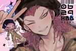  1boy arm_up beanie ben-day_dots black_hat blush braid chibi collared_jumpsuit commentary_request danganronpa_(series) danganronpa_2:_goodbye_despair dated earrings grin happy_birthday hat highres holding holding_wrench jewelry joonoyuki jumpsuit looking_at_viewer male_focus medium_hair multiple_views one_eye_closed open_mouth piercing pink_eyes pink_hair screentones sharp_teeth shoes side_braid single_braid smile soda_kazuichi sparkle striped_clothes striped_jumpsuit stud_earrings teeth unzipped upper_teeth_only v widow&#039;s_peak wrench yellow_jumpsuit yellow_shoes zipper zipper_pull_tab 