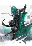  1girl absurdres arknights full_body green_hair highres holding holding_sword holding_weapon horns hoshiguma_(arknights) mourningrain_sr oni planted planted_sword single_horn sitting skin-covered_horns solo sword weapon 