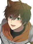  1boy alter_(mabinogi) animal_ear_fluff animal_ears armor black_shirt breastplate brown_hair commentary_request dog_boy dog_ears folded_ear green_eyes hair_between_eyes highres hood hood_down kemonomimi_mode knight korean_commentary looking_at_viewer mabinogi male_focus open_mouth parted_bangs pauldrons portrait ray_(lthenray) red_hood shirt shoulder_armor simple_background solo teeth turtleneck upper_body upper_teeth_only white_background 