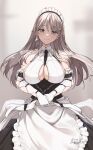  1girl absurdres apron artist_name azur_lane between_breasts blurry blurry_background breasts charybdis_(azur_lane) cleavage cleavage_cutout clothing_cutout collared_dress commentary commission criss-cross_straps dated dress elbow_gloves english_commentary frilled_apron frilled_hairband frills gloves grey_background grey_eyes grey_hair hair_between_eyes hairband halter_dress halterneck highres large_breasts long_hair looking_at_viewer maid maid_apron maid_headdress own_hands_together pixiv_commission see-through_clothes see-through_dress sleeveless sleeveless_dress smile solo standing strap sundajin_asagi underboob underboob_cutout very_long_hair white_apron white_dress white_gloves 