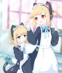  2girls absurdres animal_ear_headphones animal_ears apron aqua_ribbon back_bow black_dress black_tail blonde_hair blue_archive blush bow cat_ear_headphones cat_ears cat_tail collared_dress commentary_request contrast_collar curtains dress fake_animal_ears fake_tail frilled_apron frilled_dress frills front-to-back green_eyes green_halo hair_ribbon halo hands_up headphones highres holding holding_bow_(ornament) indoors long_sleeves looking_at_another looking_back maid maid_apron maid_headdress midori_(blue_archive) midori_(maid)_(blue_archive) momoi_(blue_archive) momoi_(maid)_(blue_archive) multiple_girls neck_ribbon nyanpa official_alternate_costume official_alternate_hairstyle open_mouth parted_bangs parted_lips pink_halo power_strip puffy_long_sleeves puffy_sleeves raised_inner_eyebrows red_eyes red_ribbon ribbon short_hair short_twintails siblings sidelocks sisters smile tail television turning_head twins twintails v-shaped_eyebrows virtual_pet_(toy) white_apron white_bow white_headdress window 