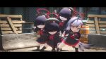  3d 4girls beret black_gloves black_hair black_hat black_serafuku black_skirt blue_archive cargo_pallet chain-link_fence fence freasaloz gloves hair_over_eyes halo hat highres ichika_(blue_archive) justice_task_force_(blue_archive) justice_task_force_member_(blue_archive) letterboxed long_hair multiple_girls neckerchief purple_hair red_eyes red_halo red_neckerchief school_uniform serafuku skirt source_filmmaker_(medium) textless_version 