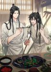  2boys ahoge alternate_costume black_hair blurry blurry_background bowl chinese_clothes chopsticks closed_mouth cooking_pot depth_of_field feeding food gearous grey_eyes hand_on_another&#039;s_shoulder hanfu headband height_difference high_ponytail highres holding holding_chopsticks holding_ladle holding_rake indoors kitchen ladle lan_wangji long_hair long_sleeves looking_at_another looking_at_food male_focus modao_zushi multiple_boys official_art open_mouth plate ponytail rake robe sidelocks sleeves_rolled_up smile standing table third-party_source topknot very_long_hair wei_wuxian white_hanfu white_headband yaoi yellow_eyes 