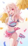  1girl absurdres armpits cheerleader fate/kaleid_liner_prisma_illya fate_(series) highres illyasviel_von_einzbern kaze_22 long_hair looking_at_viewer navel one_eye_closed open_mouth panties pink_panties pom_pom_(cheerleading) red_eyes skirt smile solo underwear 