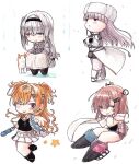 4girls animal black_gloves black_one-piece_swimsuit blonde_hair breasts brown_hair chibi closed_umbrella commentary_request fur_hat fuyutsuki_(kancolle) fuyutsuki_(rainy_season)_(kancolle) gloves hair_between_eyes hair_ornament hairclip hat headgear highres kantai_collection kirov_(kancolle) leg_warmers long_hair minneapolis_(kancolle) minneapolis_(rainy_season)_(kancolle) multiple_girls one-piece_swimsuit one_eye_closed one_side_up pink_hair pleated_skirt poipoi_purin rain scarf simple_background skirt squatting swimsuit two_side_up umbrella wahoo_(kancolle) white_background white_hair white_scarf white_skirt 